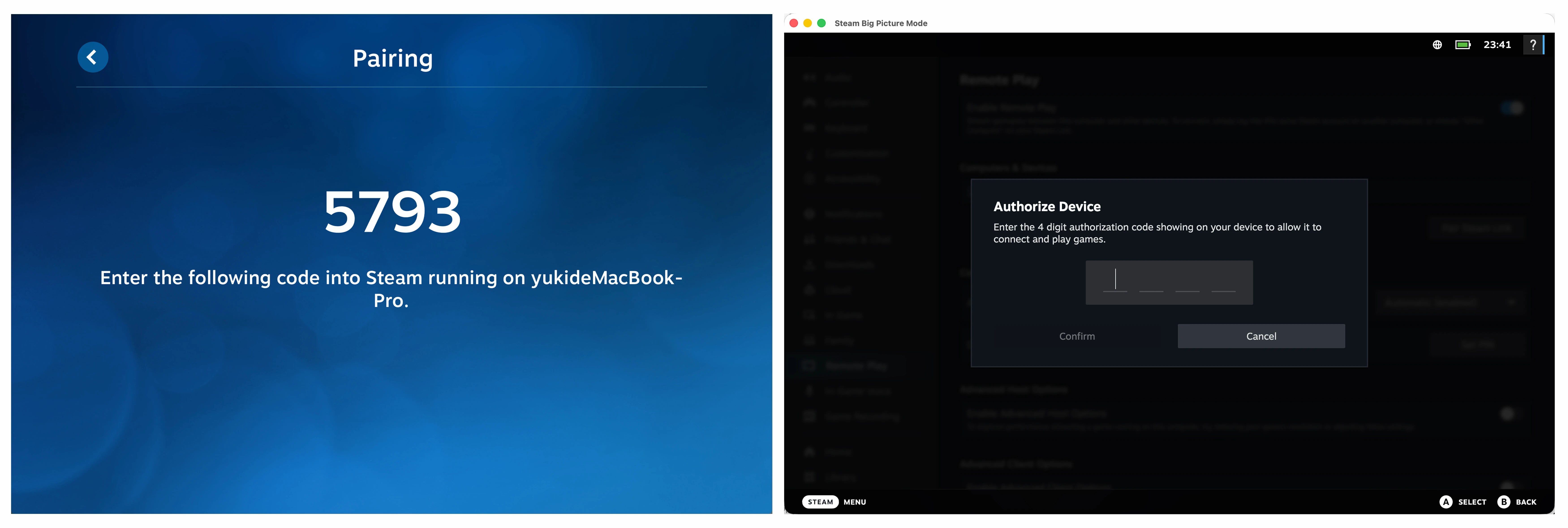 Proceso de emparejamiento de Steam Link mediante un código de autorización de cuatro dígitos