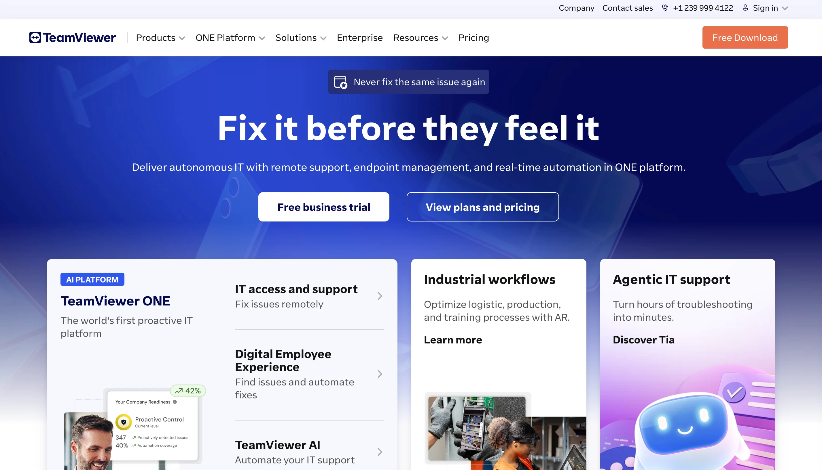 TeamViewer homepage highlighting remote support, endpoint management, and IT automation features