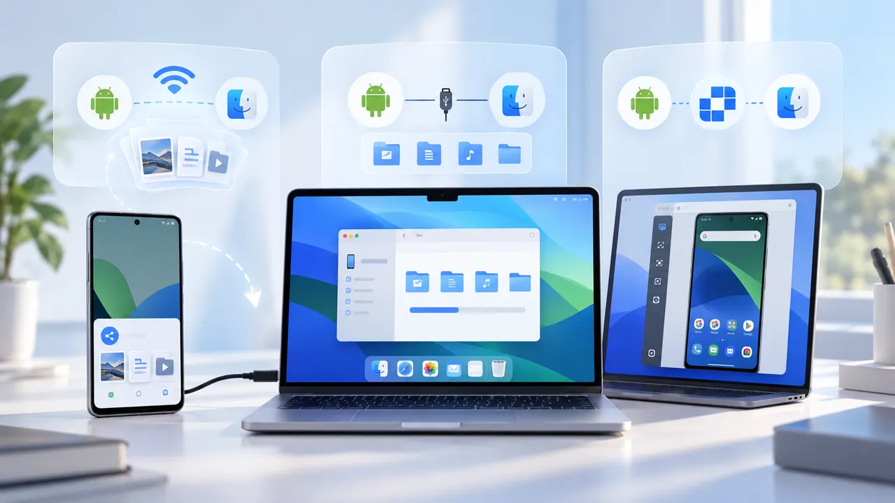 使用無線共享、USB 文件傳輸或 AskLink 遙控存取，共有三種方式將 Android 裝置連接到 Mac。