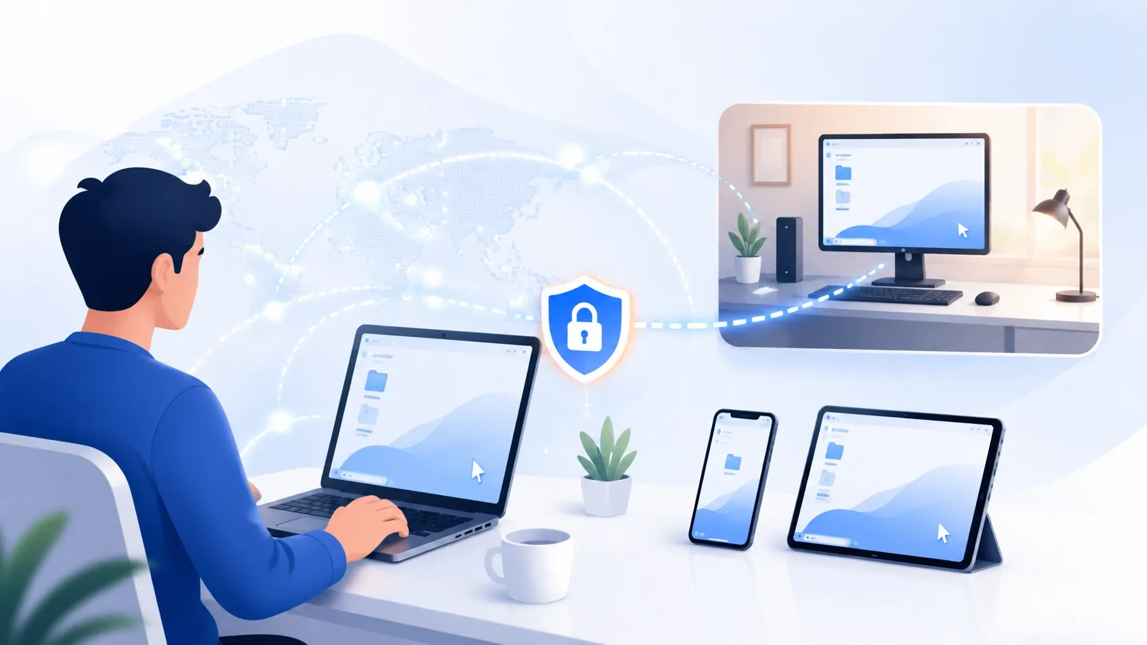 User connecting remotely to multiple devices, including a desktop computer, laptop, tablet, and smartphone, over a secure connection