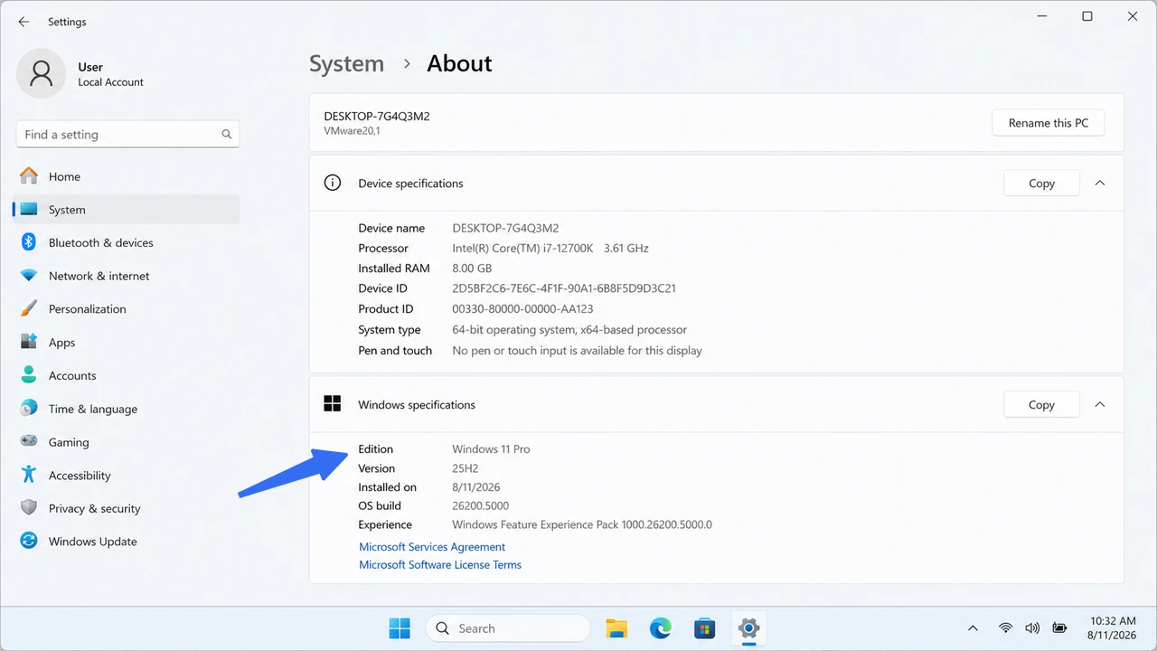 Windows 11 Pro edition shown in System About settings