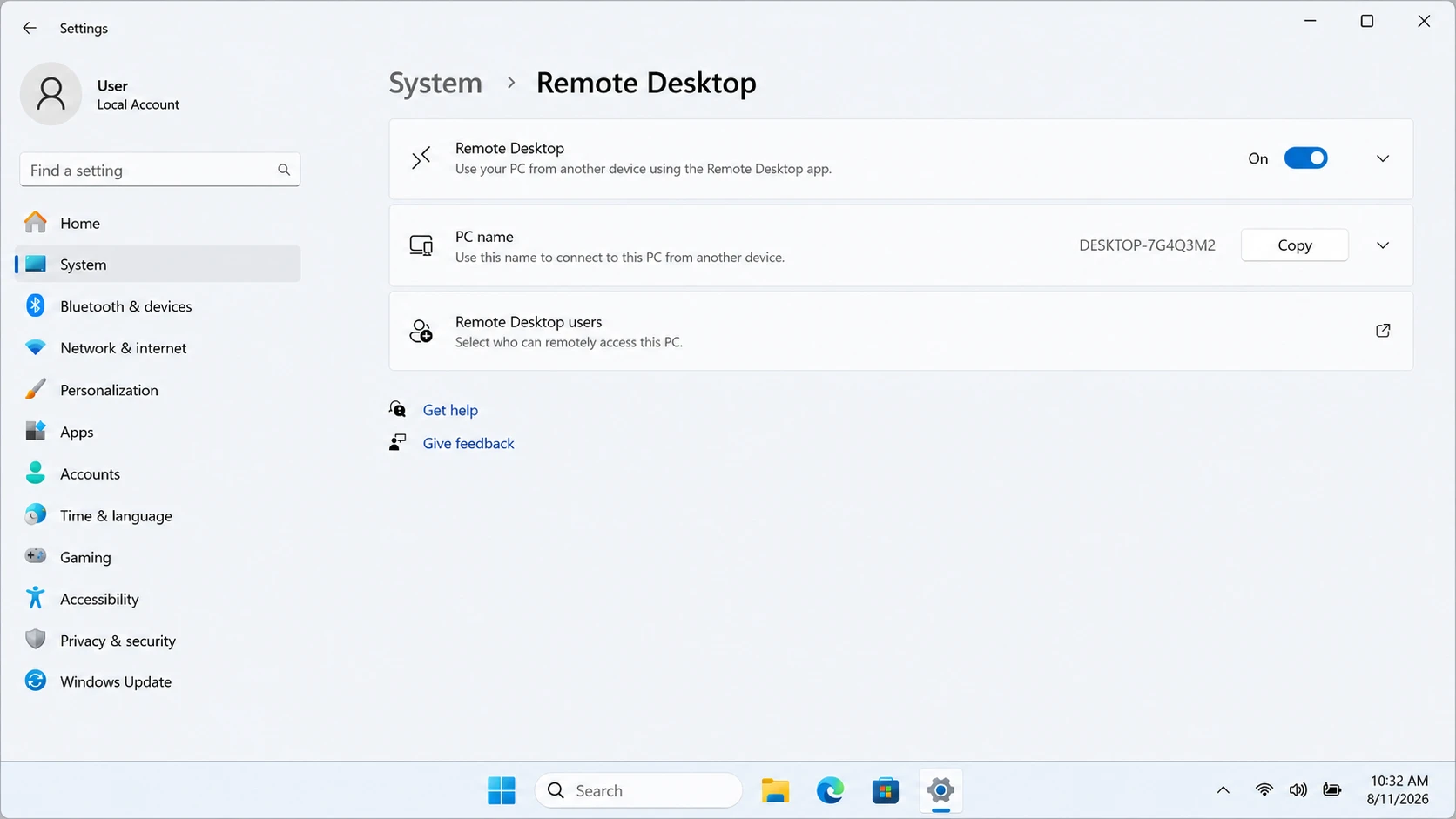 Windows 11 Remote Desktop settings with Remote Desktop enabled