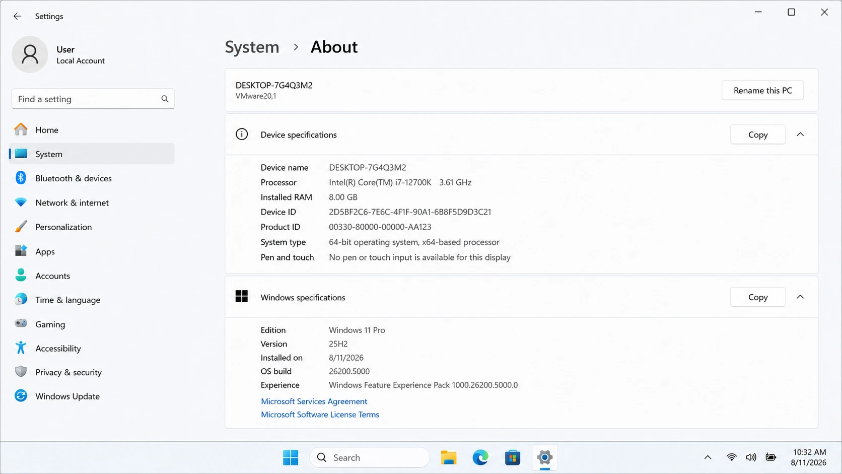 Windows 11 System About page showing device and system specifications