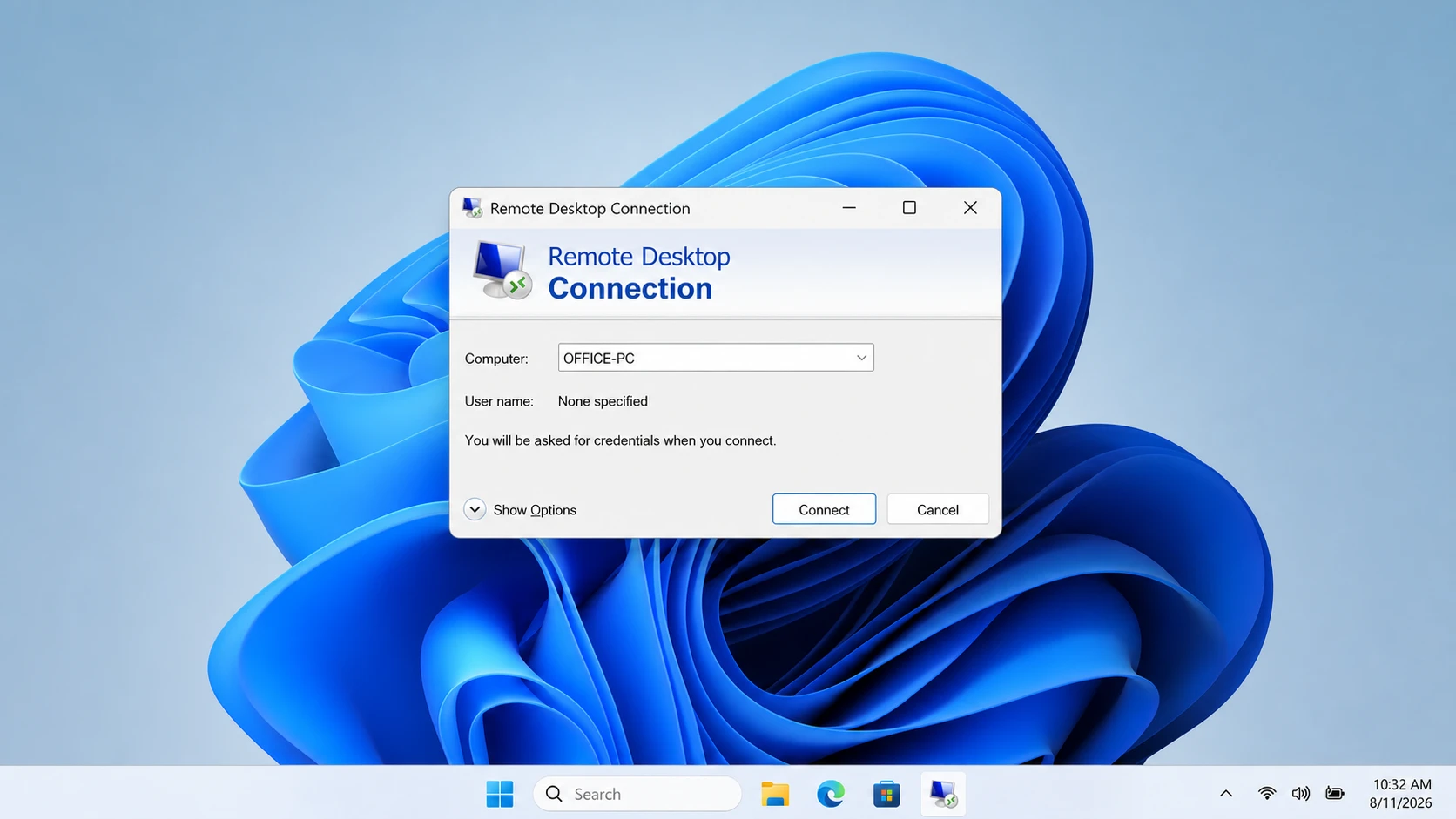 nnection window for connecting to a remote PC