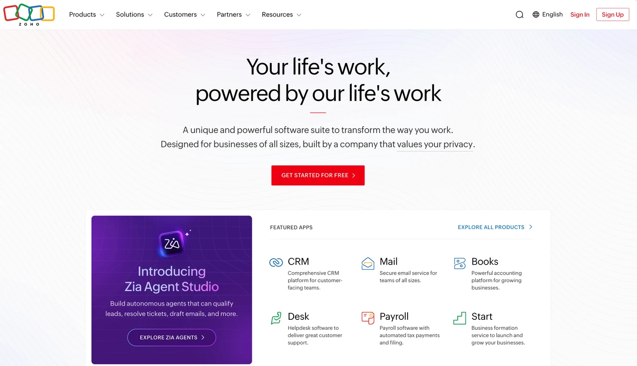 Zoho business software suite homepage