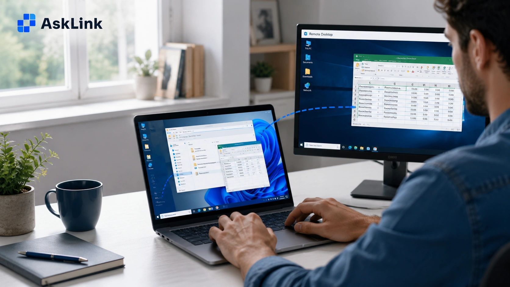 a man using AskLink to access a remote Windows desktop from a laptop