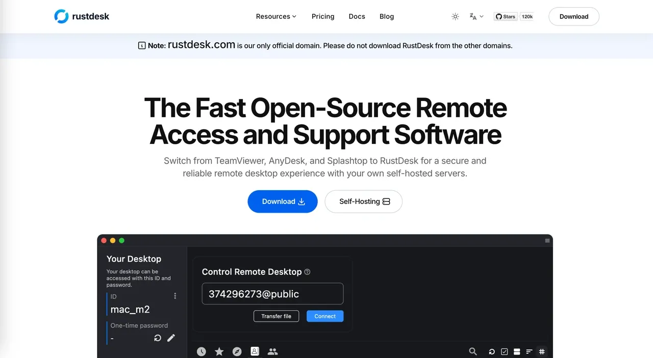 a screenshot of rustdesk website.webp