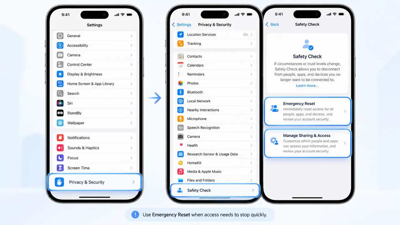iPhone 安全檢查設定,用於檢視共用存取權限及使用緊急重設功能
